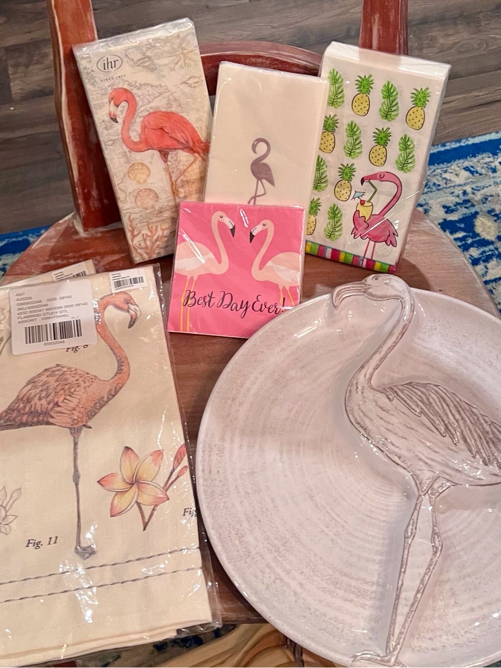 Pier 1 Flam Melamine serving Plate, 2 Flam dish towels & various paper napkins